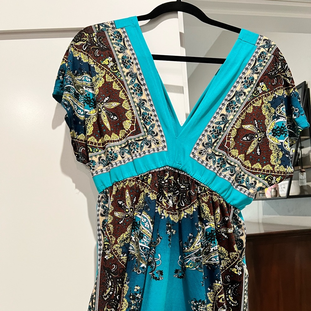 Short brown and turquoise summer dress